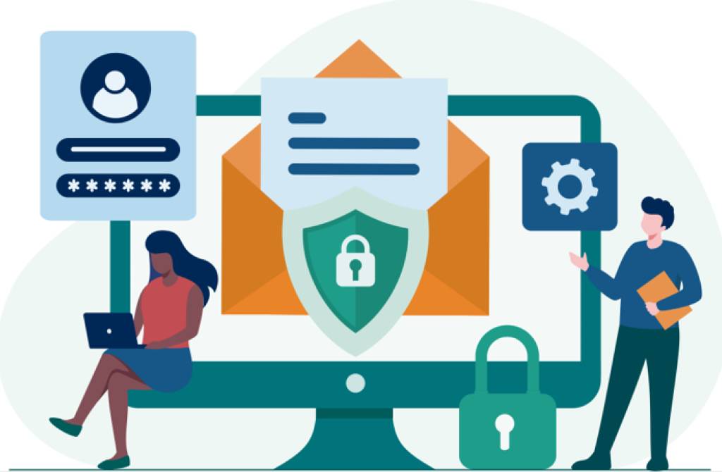 Illustrasjon av en dataskjerm, en konvolutt med et brev og et våpenskold med hengelås, en kvinne med laptop, en mann med en bok under armen, en hengelås, et idekort og et tannhjul