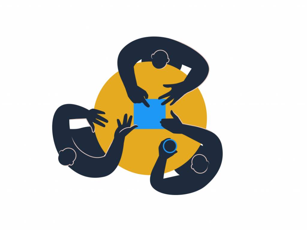 Tre figurer, karikerte personer, sitter rundt et bord og diskuterer. (Illustrasjon)